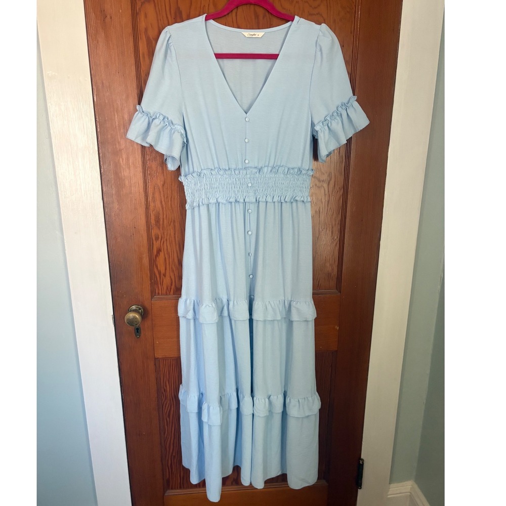 Simplee Light Blue Tiered Dress Smocked Waist Ruffle Sleeve V-Neck Medium Boho